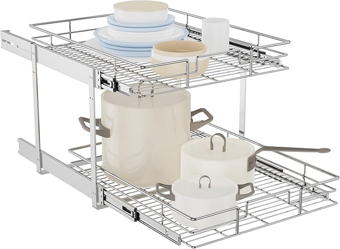 LOVMOR Individual Pull Out Cabinet Organizer, 2 Tier Slide Out Cabinet Drawers, Pots and Pans Organizer and Storage Pantry Shelf for Kitchen (20" W x 18" D)
