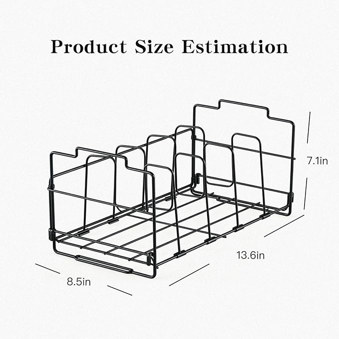 Lid Organizer, Lid Organizer for Plastic Lids, 13.6×8.5×7.1 Inches, Large Capacity Adjustable with 4 Removable Dividers, Black for Kitchen Cabinets, Drawers
