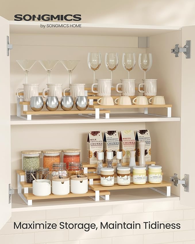 SONGMICS Display Risers, Set of 2 Engineered Wood Perfume Organizer Stand, 3-Tier Cupcake Stand Holder, Spice Rack, Shelf Risers for Figures, Dessert Shelves, Natural Beige and Cloud White UKCS016N02