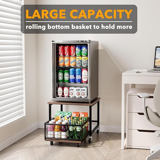 SpaceAid Mini Fridge Stand with Storage, 19.7" W x 19.7" D Heavy Duty Mobile Refrigerator Shelf Stand Table with Wheels, Fridge Cart Organizer with Drawer Basket for Home Dorm Office (Brown Wood)