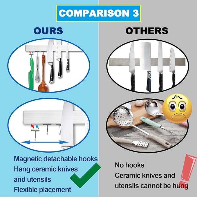 YIIYIIN 16 Inch Magnetic Knife Holder for Wall Mount with Magnetic Hooks - No-Drill Adhesive - Knife Magnetic Strip - 304 Stainless Steel Magnetic Kitchen Utensil Hanger/Holder/Rack/Bar