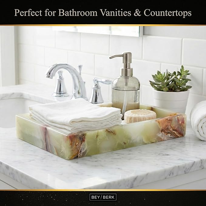 Bey-Berk Ezra Green Onyx Genuine Marble Guest Towel Tray, 9" x 5.75" Bathroom Counter Tray, Luminous Onyx Accent Piece