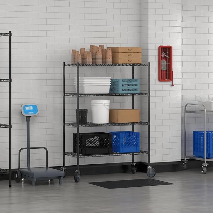 Commercial NSF Listed Black Epoxy Mobile Wire Shelving Kit 18" x 42" x 60", with 4 Shelves Perfect for Warehouse, Walk-in Refrigerator, Freezer, Grocery Store, Restaurant, Dishroom