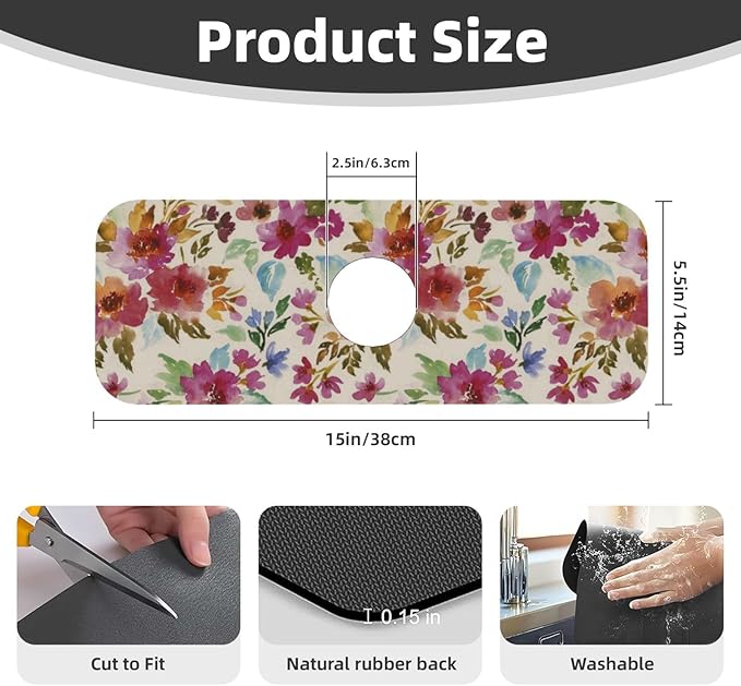 Floral Colorful 15" X 5.5" Kitchen Sink Splash Guard Faucet Faucet Guard Draining Mat Sink Splash Guard Faucet Kitchen Bathroom