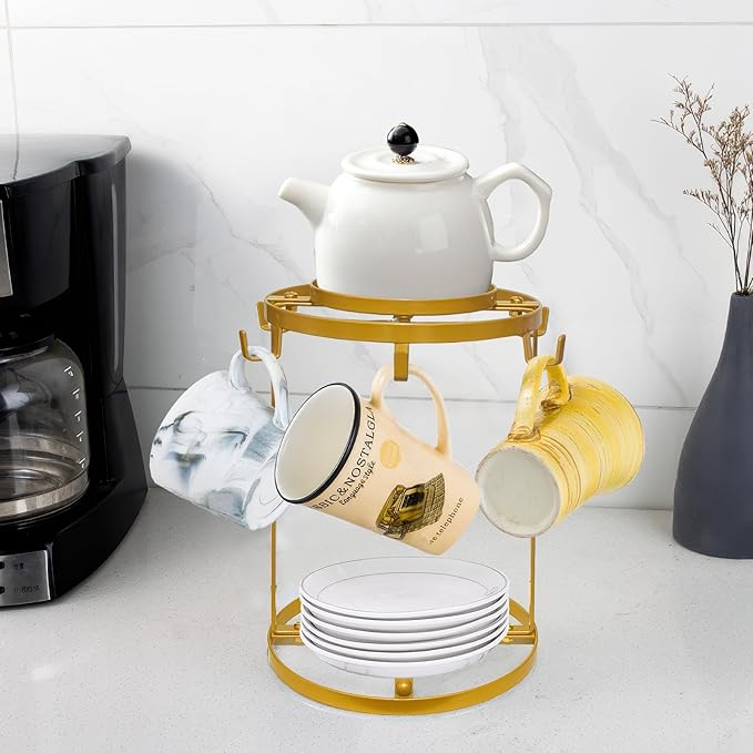 Coffee Mug Holder Countertop,Muted Golden Yellow Metal Coffee Cup Holders for Counter,Warm Dark Gold Mug Stand Rack for Counter Top 6 Hooks(Round,Muted Gold)