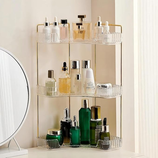 3-Tier Corner Bathroom Counter Organizer, Plastic Countertop Makeup Organizer, Large Capacity Vanity Bathroom Perfume Shelf Rack for Kitchen Office Desktop (Clear)