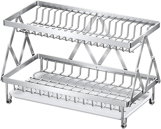 Dish Drying Rack, 304 Stainless Steel Foldable 2 Tier with Hanging Rack for Kitchen Counter, Dish Rack for Dishes, Utensils, Knives and Cutting Board