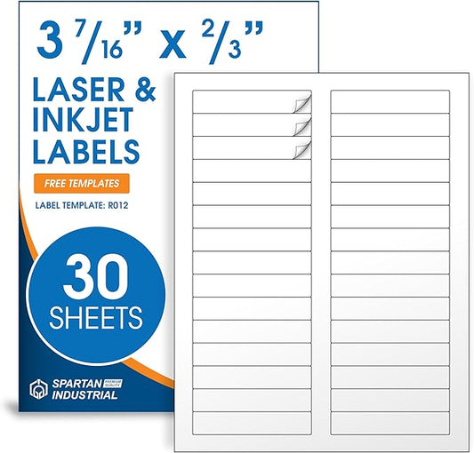 3 7/16" X 2/3" Matte White Printable Labels for Inkjet and Laser Printers - 30 Sheets, 900 Custom Stickers, File Folder Labels, Return Address Stickers, Price Tags - Spartan Industrial Template R012