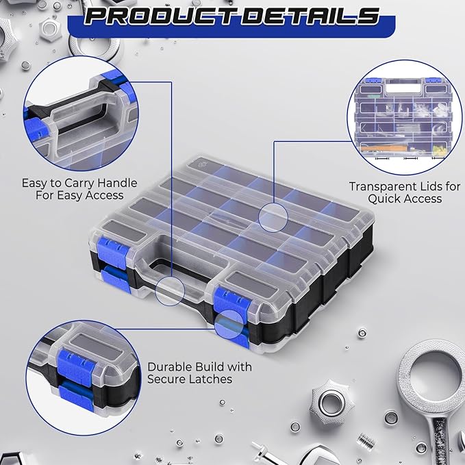 NATGAI 2 Pack Small Parts Organizers, 34-Compartments Double-Sided Tool Box with Removable Dividers for Hardware, Screws, Bolts, Nails & Fishing Accessories, Durable Plastic Storage Case (Blue)