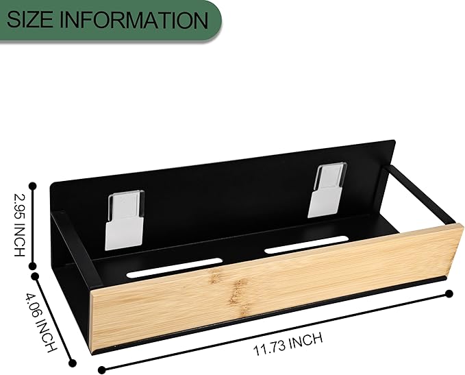 Wall Mount Organizer,Adhesive Metal Shelf with Bamboo Lip,Bathroom Shelves for Wall,Self Adhesive Organizer,Shower Caddies,No Drilling Stick-on Wall Rack,for Bathroom,Kitchen,Living Room (Black)