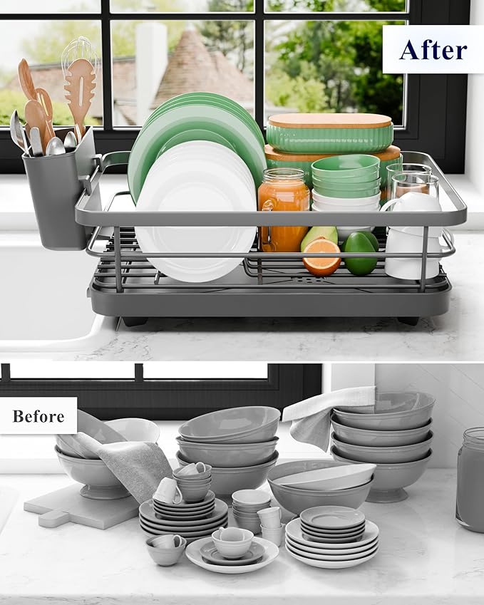 Kitsure Dish Drying Rack - Compact Dish Rack with Utensil Holder & Adjustable Water Outlet, Rust-Proof & Scratch-Resistant Drying Rack for Kitchen, 14.5" x 12.0" x 4.0", Grey