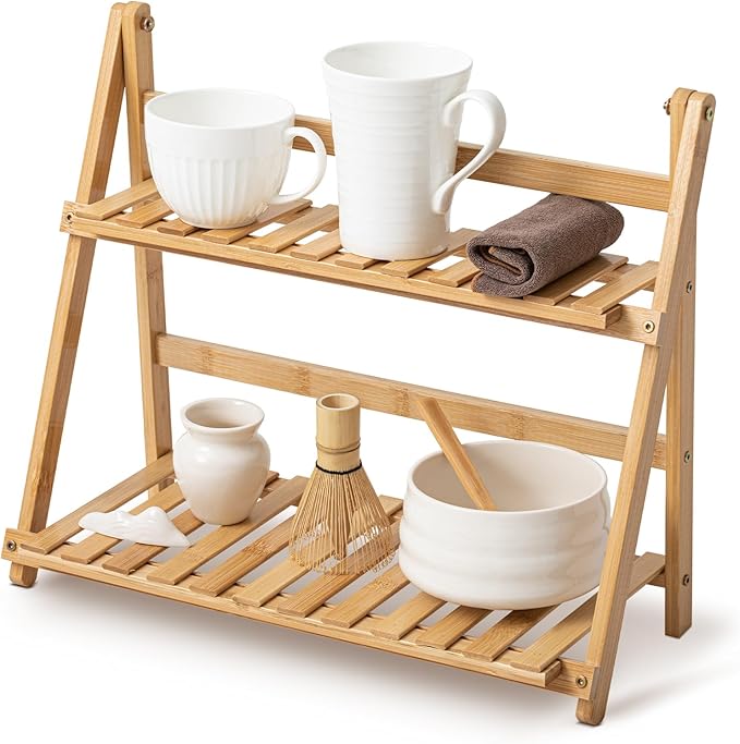 Matcha Station Shelf,15.7'' Coffee Station Organizer, 2 Tiers Bamboo Mug Holder Countertop,Desktop Flower Pot Rack for Home Living Room Window Sill Foldable Display Storage Shelf(Wood)
