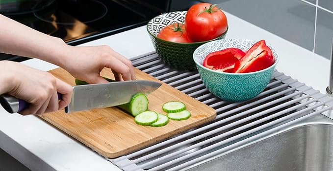 Surpahs Roll-Up Dish Drying Rack, Warm Gray, 20.5" x 15.5", Wide Platform, Fits Sinks up to 19.5", Silicone-Coated Stainless Steel
