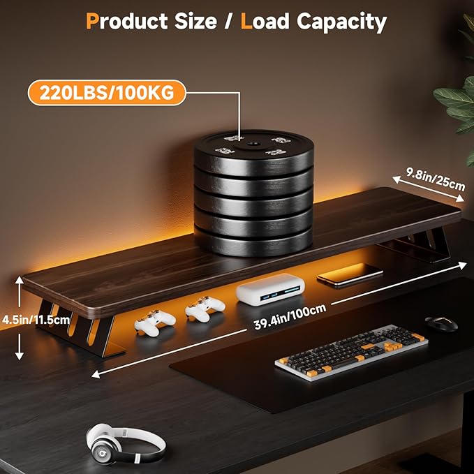 Dual Monitor Stand Riser, 39 Inch Large Wood Monitor Stands for 2 Monitors, Desk Monitor Riser for Computer/Laptop/Printer/TV, Stand Riser up to 220 lbs