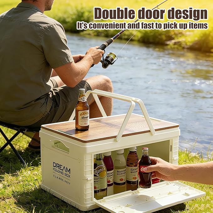 Collapsible Storage Bins with Wooden Lids, Foldable Stackable Storage Boxes with Handles, Cutting Board Top Organizer for Kitchen, Pantry, Camping, Picnic & Outdoor Use