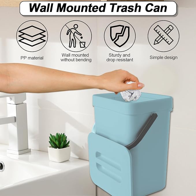 Compost Bin Kitchen, Includes 100 Trash Bags, Hanging Trash Can with Lid, Features Pet-Proof, Odor-Proof, and Quiet Opening/Closing. Suitable for Bathrooms/Bedrooms/Offices (Blue, 1.3 Gal/5 L)