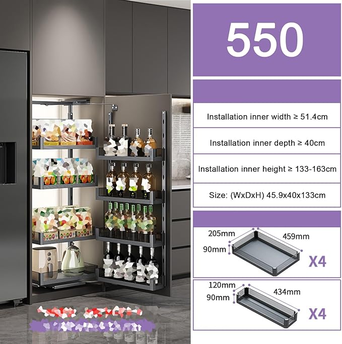 WIGING 4-Tier Narrow Cabinet Pull-Out Basket, High Cabinet Pull-Out Storage Rack with Adjustable Dividers for Kitchen Bathroom Pantry, Single-Layer Load Capacity: 15kg(45.9x40x133cm)