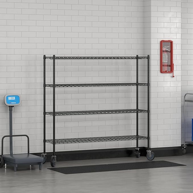 Commercial NSF Listed Black Epoxy Mobile Wire Shelving Kit 14" x 60" x 60", with 4 Shelves Perfect for Warehouse, Walk-in Refrigerator, Freezer, Grocery Store, Restaurant, Dishroom