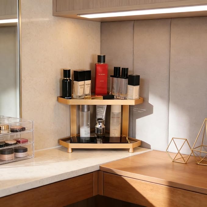 YUPER Corner Bathroom Counter Organizer, 2 Tier Countertop Corner Shelf for Perfume, Makeup Organizer, Skincare Organizers, Vanity Storage Tray for Bedroom, Bathroom Sink Shelf