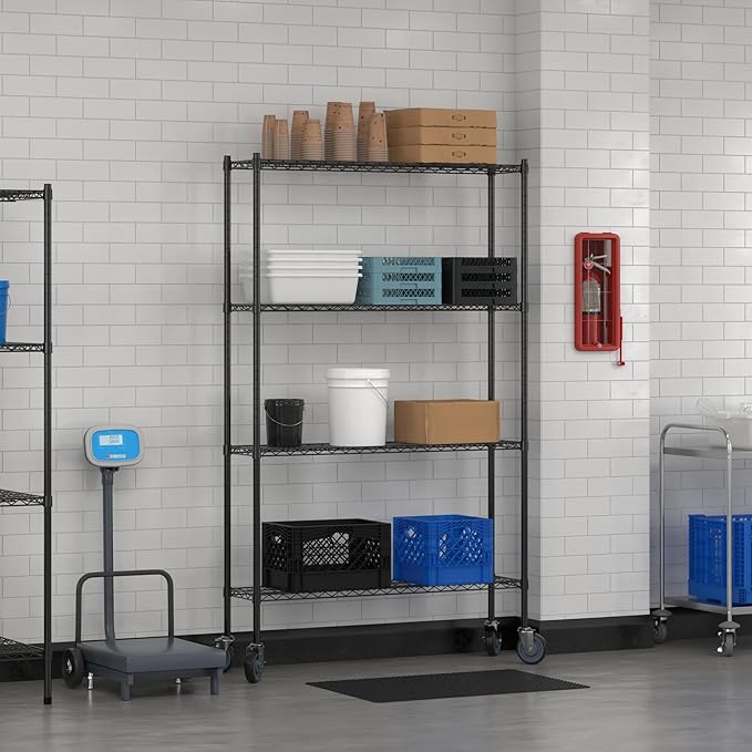 Commercial NSF Listed Black Epoxy Mobile Wire Shelving Kit 12" x 48" x 80", with 4 Shelves Perfect for Warehouse, Walk-in Refrigerator, Freezer, Grocery Store, Restaurant, Dishroom