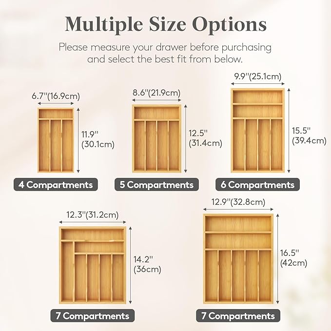 Lifewit Silverware Drawer Organizer, Utensil Tray for Kitchen, 4 Slot Flatware and Cutlery Holder, Storage for Spoons Forks Knives, Natural