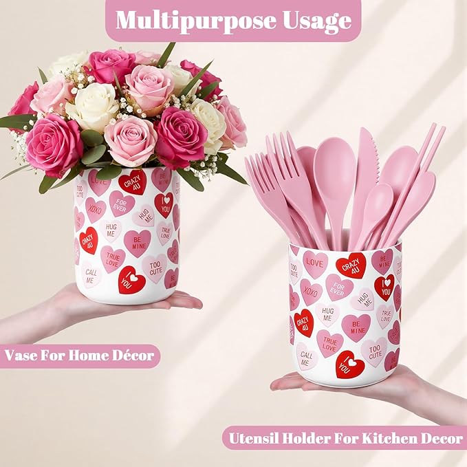 Valentine's Day Ceramic Utensil Holder 6.3 Inch Love Words Home Kitchen Utensil Crock for Anniversary Countertop Storage Organizer Container Dining Table Decor Wedding Gift(Love Words)