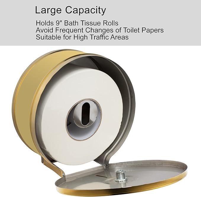 Commercial Jumbo Toilet Paper Dispenser, Wall Mount Stainless Steel 9 Inch Roll Toilet Paper Holder Bath Tissue Dispenser with Lock Key (Gold)