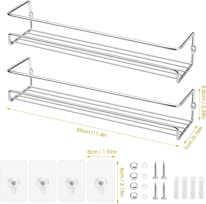 Lonian 2-Tier Wall Mounted Spice Rack Organizer, Chrome Metal Spice Shelf Storage Basket for Kitchen Cabinet/Pantry Door, Includes Drilling & No-Drilling Installation Options