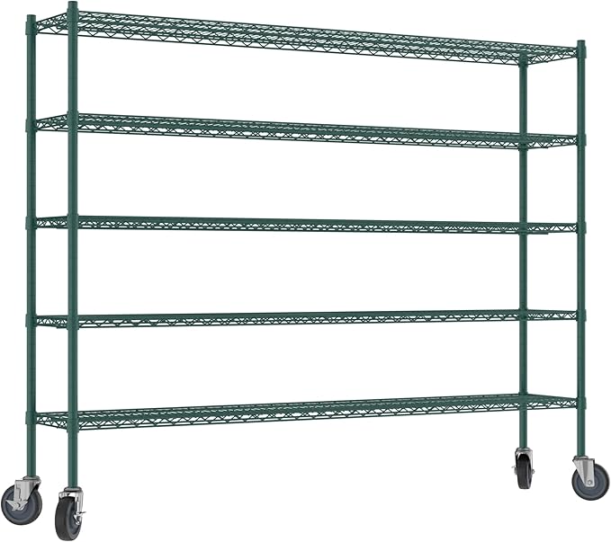 Commercial NSF Listed Green Epoxy Mobile Wire Shelving Kit 14" x 72" x 60", with 5 Shelves Perfect for Warehouse, Walk-in Refrigerator, Freezer, Grocery Store, Restaurant, Dishroom