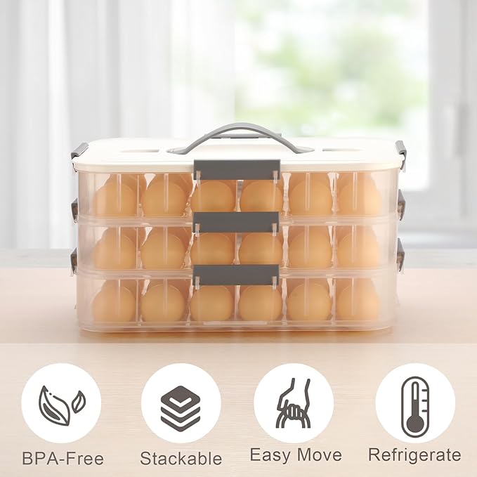 BTSKY Deviled Egg Platter with Lid, 3-Layer 54 Slots Deviled Eggs Carrier, Clear Portable Egg Holder for Fridge Reusable Deviled Eggs Tray Carton Box for Easter and Party Favor (3-Layer, White)