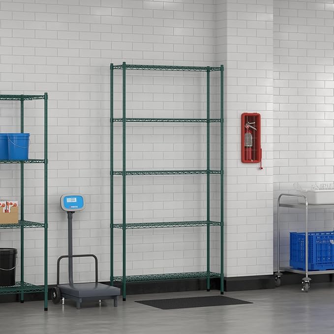 Commercial NSF Listed Green Epoxy Stationary Wire Shelving Kit 12" x 42" x 86", with 5 Shelves Perfect for Warehouse, Walk-in Refrigerator, Freezer, Grocery Store, Restaurant, Dishroom