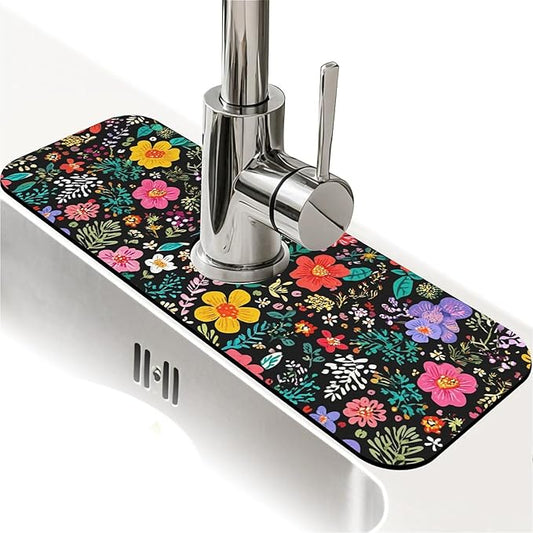 Kitchen Sink Splash Guard，Colored flowers and leaves Faucet Mat Sink Gadgets-Super Absorbent Fast Drying Mat Drip Catcher for Kitchen, Bathroom,Sink Mat, Dish Drying Mat, Bathroom(15" X 5.5" )