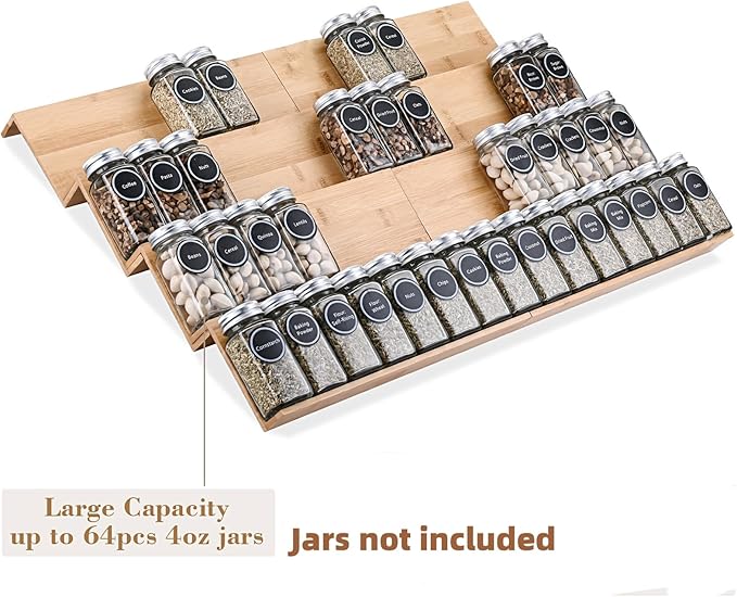 Bamboo Spice Rack Tray - Spice Drawer Organizer for Kitchen Cabinets Storage and Organization (Jars Not Included, 8 Individual Pieces, Not Expandable)