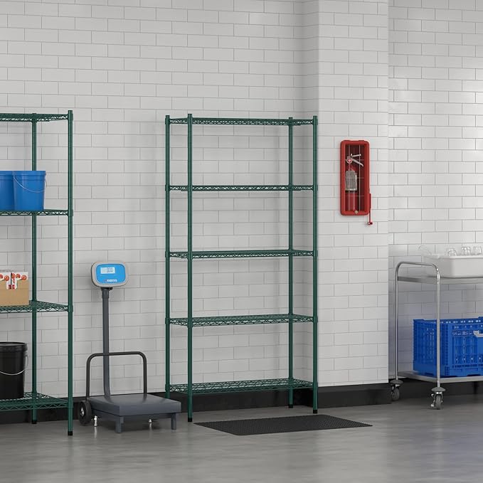 Commercial NSF Listed Green Epoxy Stationary Wire Shelving Kit 14" x 36" x 74", with 5 Shelves Perfect for Warehouse, Walk-in Refrigerator, Freezer, Grocery Store, Restaurant, Dishroom