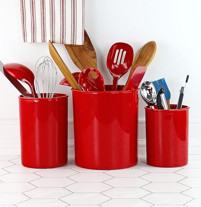 Reston Lloyd Multipurpose Utensil/Crock Holders Organize Wide Variety of Sizes of Utensils & Tools, Includes Extra Large, Large, & Miniature, Set of 3, Red