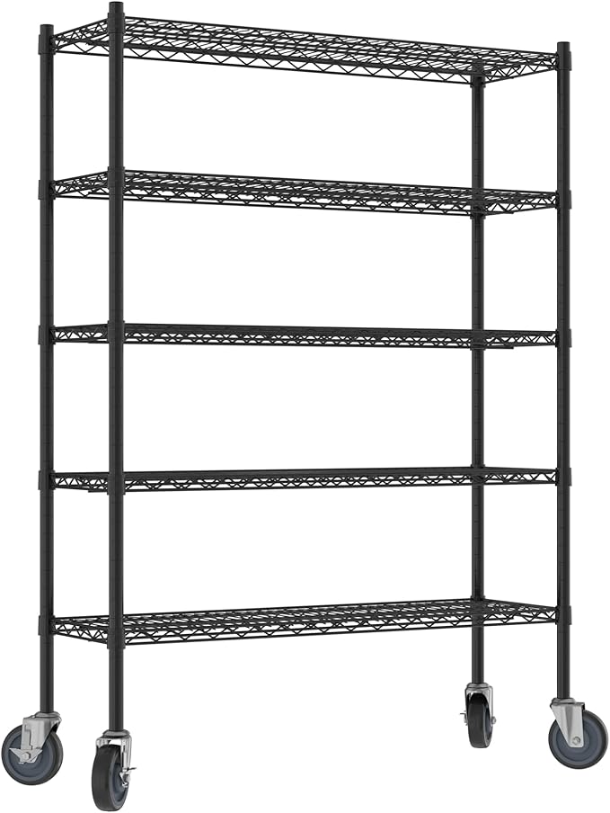 Commercial NSF Listed Black Epoxy Mobile Wire Shelving Kit 14" x 42" x 60", with 5 Shelves Perfect for Warehouse, Walk-in Refrigerator, Freezer, Grocery Store, Restaurant, Dishroom