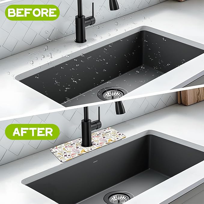 Kitchen Sink Splash Guard Faucet Mat Super Absorbent Fast Drying Mat Guard Behind Faucet Drip Catcher for Kitchen Bathroom (Colorful Mushrooms, 23.5"X5.5")