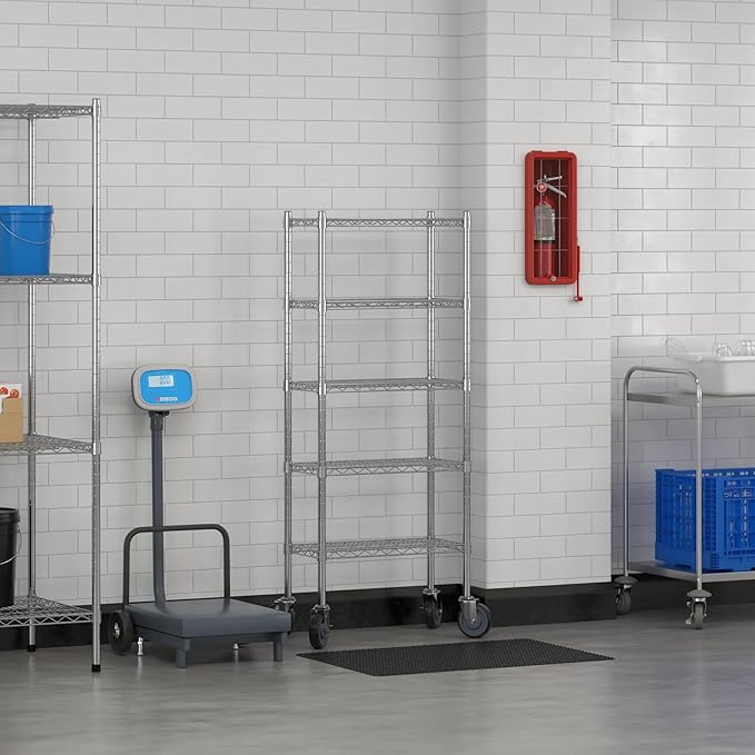 Commercial NSF Listed Chrome Mobile Wire Shelving Kit 12" x 24" x 60", with 5 Shelves Perfect for Warehouse, Walk-in Refrigerator, Freezer, Grocery Store, Restaurant, Dishroom