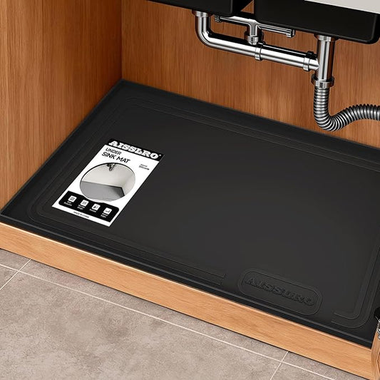 Aisslro Under Sink Mat 25" X 19", Waterproof Silicone Under Sink Mats for Kitchen, Anti-Leak Shelf Liner & Cabinet Protector with Raised Edge, [BPA Free] Bathroom Tray Home Organizer, Black