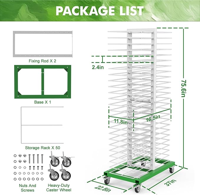 vanerepok Paint Drying Rack 50 Shelves for Cabinet Doors, Space-Saving Vertical Design for Art Studios & Classrooms, Heavy-Duty Storage Stand with Locking Casters, 25lbs Capacity per Shelf