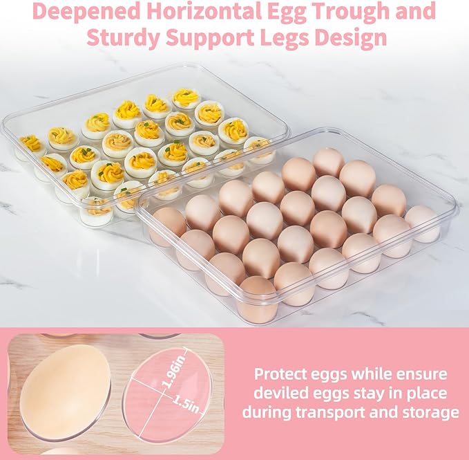 2 Pack Deviled Egg Containers with Lid and Handle, Durable Clear Plastic Deviled Egg Carrier Storage 48 Eggs, Stackable Egg Holder for Fridge, Portable Tray Platter for Party & Picnics-Pink