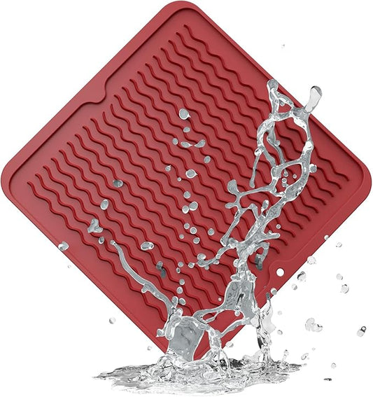 ZLR Silicone Dish Drying Mat 12" x 12" Square - Small Heat Resistant Trivet & Countertop Protector for Air Fryer, Coffee Maker - Waterproof Kitchen Drain Pad for Cups, Fruit (Lava Red)