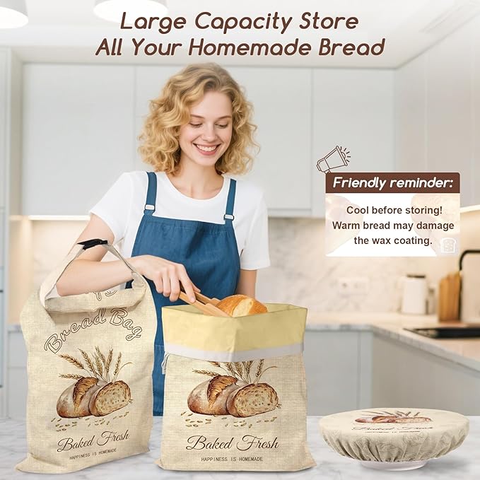 fufeisi Beeswax Bread Bags for Sourdough, 2 Pack Reusable Bread Bag for Storage XL 17x13 Inch, Large Linen Beeswax Bread Bags for Homemade Sourdough with 1 Linen Bowl Cover - Keep Fresh, Freezer Safe