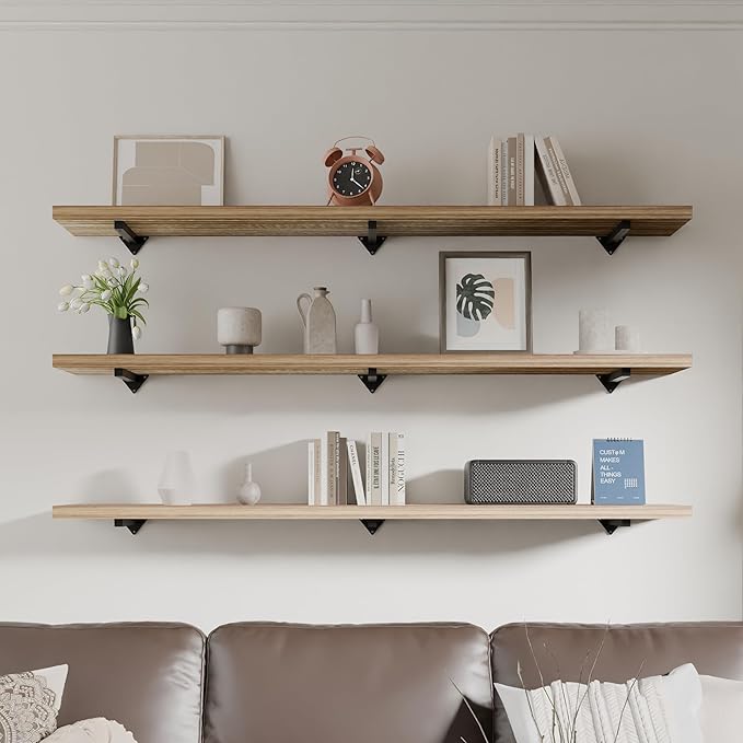 Long Wall Shelves 60 inch,Long Floating Shelf Set of 3, Large Wall Mounted Shelves with Metal Brackets, Farmhouse Bookshelf for Bedroom, Living Room and Bathroom
