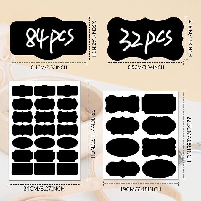 Fssqii 256 Kitchen Blank Chalkboard Labels for Jars Bottles Containers, Waterproof Reusable Removable Different Size Black Labels Stickers for Home Kitchen Pantry Food Spice Storage, Office (Black)