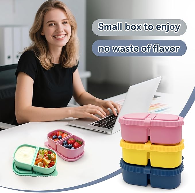 4 Pack Reusable Silicone Snack Containers with Lids, 8.5 oz- 2 Compartments, BPA-Free,Leakproof, Portable Silicone Lunch box, Snacks, Office，Picnic，Travel