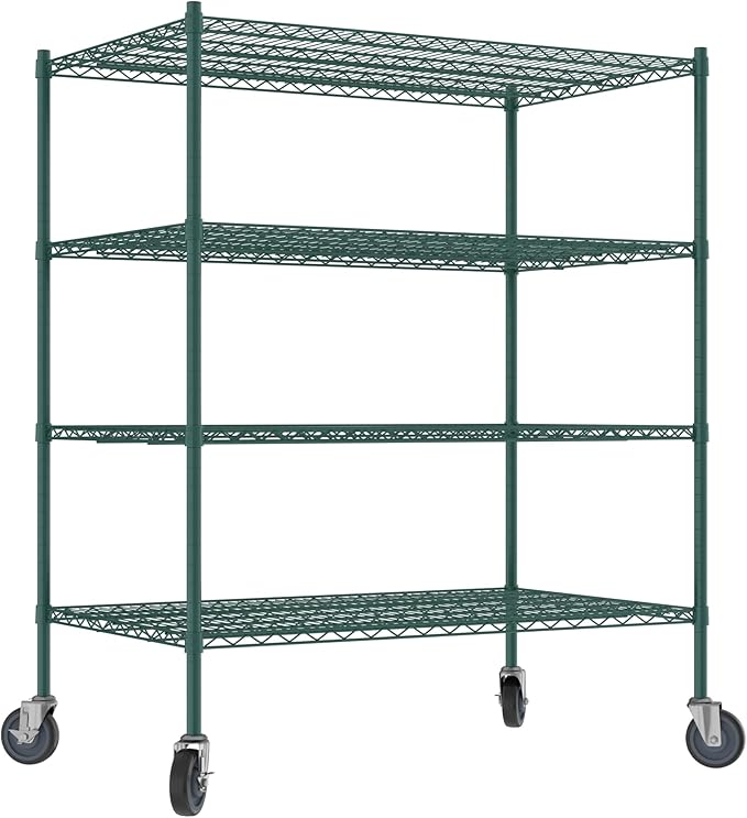 Commercial NSF Listed Green Epoxy Mobile Wire Shelving Kit 30" x 48" x 60", with 4 Shelves Perfect for Warehouse, Walk-in Refrigerator, Freezer, Grocery Store, Restaurant, Dishroom