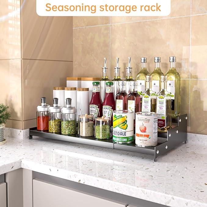 Expandable Carbon Steel Spice Rack Organizer for Pantry, Adjustable 3-Tier Ladder Shelf,Holds Up to 24 Cans,Kitchen Countertop Organizer, Rustproof Storage Rack for Spices, Cans, Sauces & Dry Goods