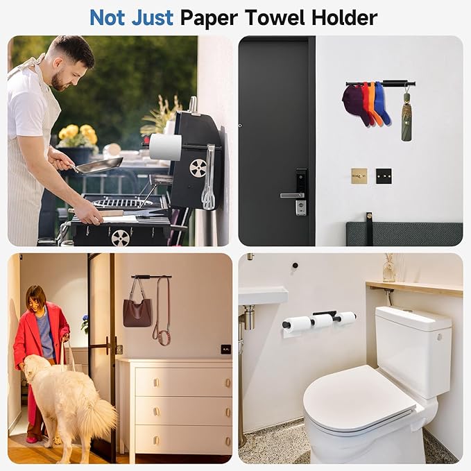 Dual-Purpose Paper Towel Holder Under Cabinet, Upgrade with 4.7in Extended and 5pcs S-Hooks, Adhesive or Screw Wall Mount, Stainless Steel Under Counter Paper Roll Holder for Kitchen Garage (Black)