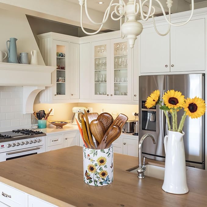 Kitchen Decorations Utensil Holder Acrylic Utensil Crock Spoon Kitchen Organizer for Countertop Coffee Spoon Holder Jar for Cooking Tools(Sunflower)